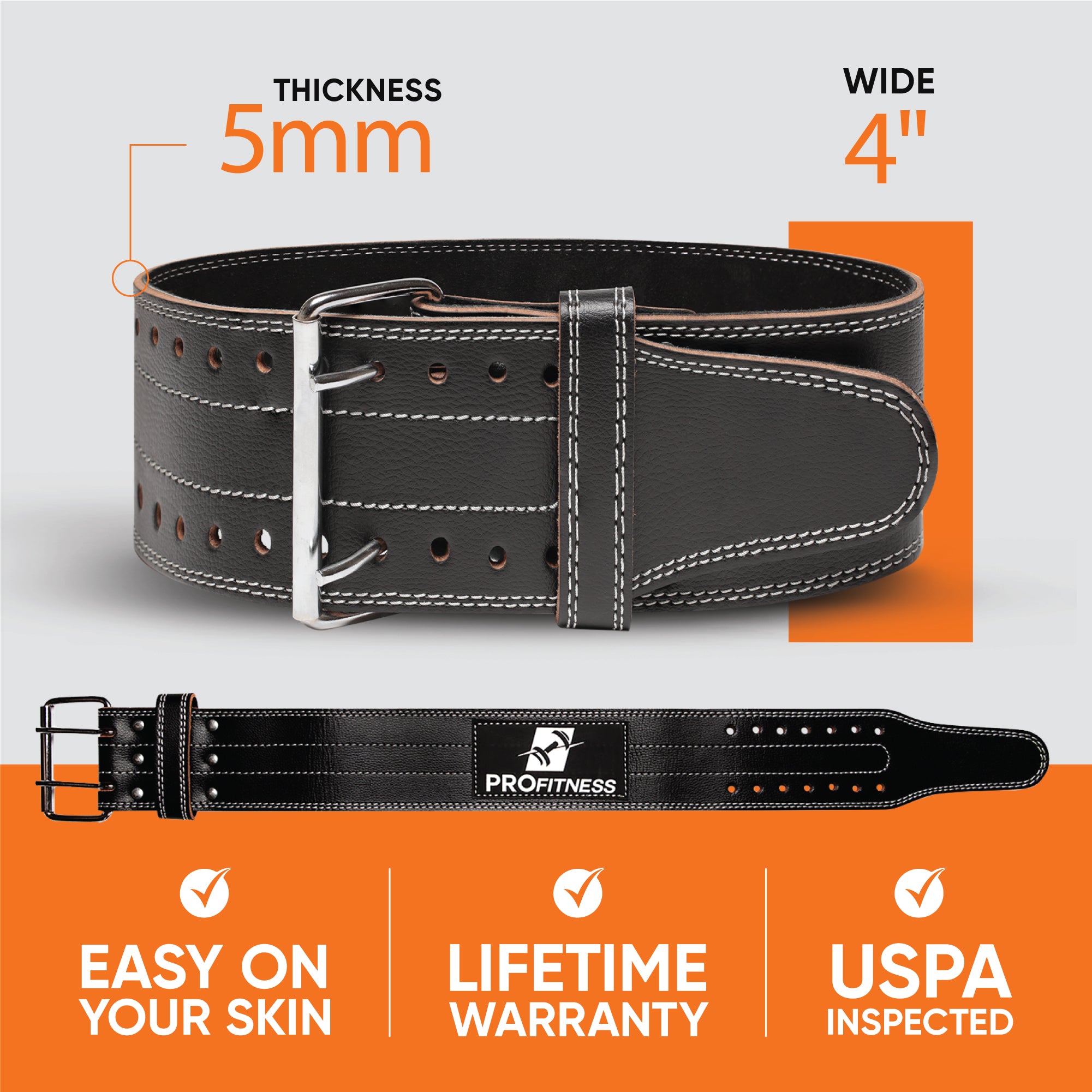 Black leather weightlifting belt with 'PROfitness' logo in front.